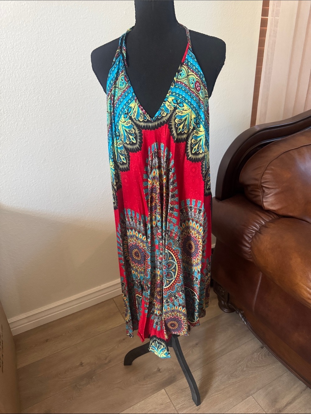 Boho Halter Midi Dress in Red and Teal